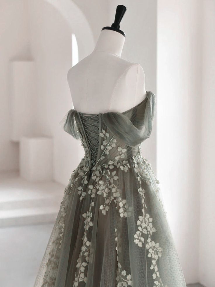 Olive Green A-Line Off Shoulder Tulle Lace Long Prom Dress, Green Tulle Prom Dresses