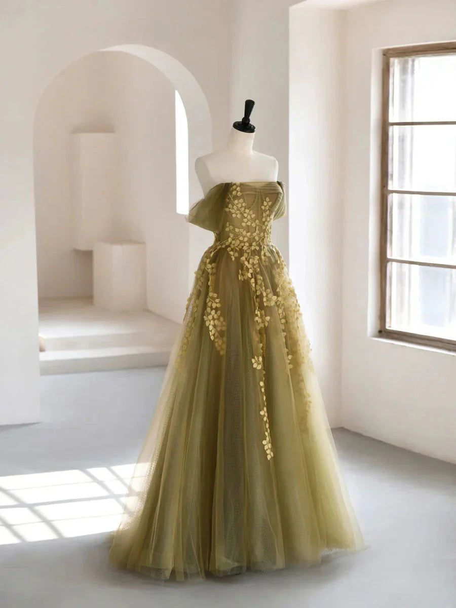 Olive Green A-Line Off Shoulder Tulle Lace Long Prom Dress, Green Tulle Prom Dresses