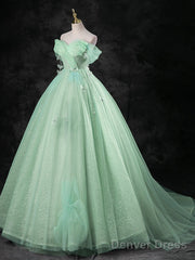 Green A-Line Off Shoulder Tulle Long Prom Dress, Green Long Formal Dress