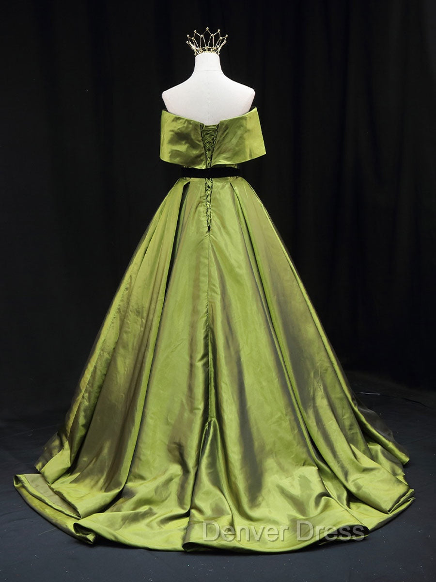 Green A line Satin Long Prom Dresses, Green Satin Formal Evening Dresses