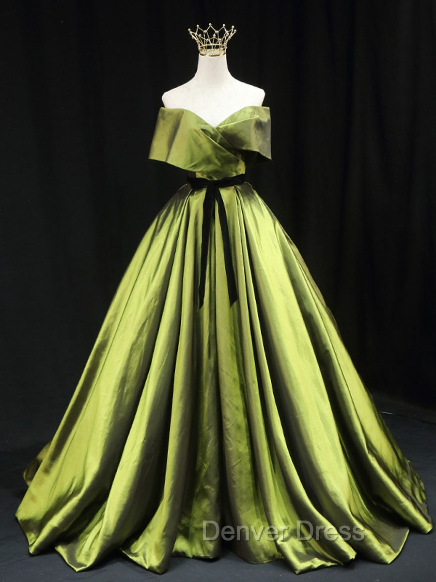 Green A line Satin Long Prom Dresses, Green Satin Formal Evening Dresses Main image