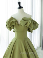 Green A-Line Satin Long Prom Dresses, Green Formal Evening Dresses