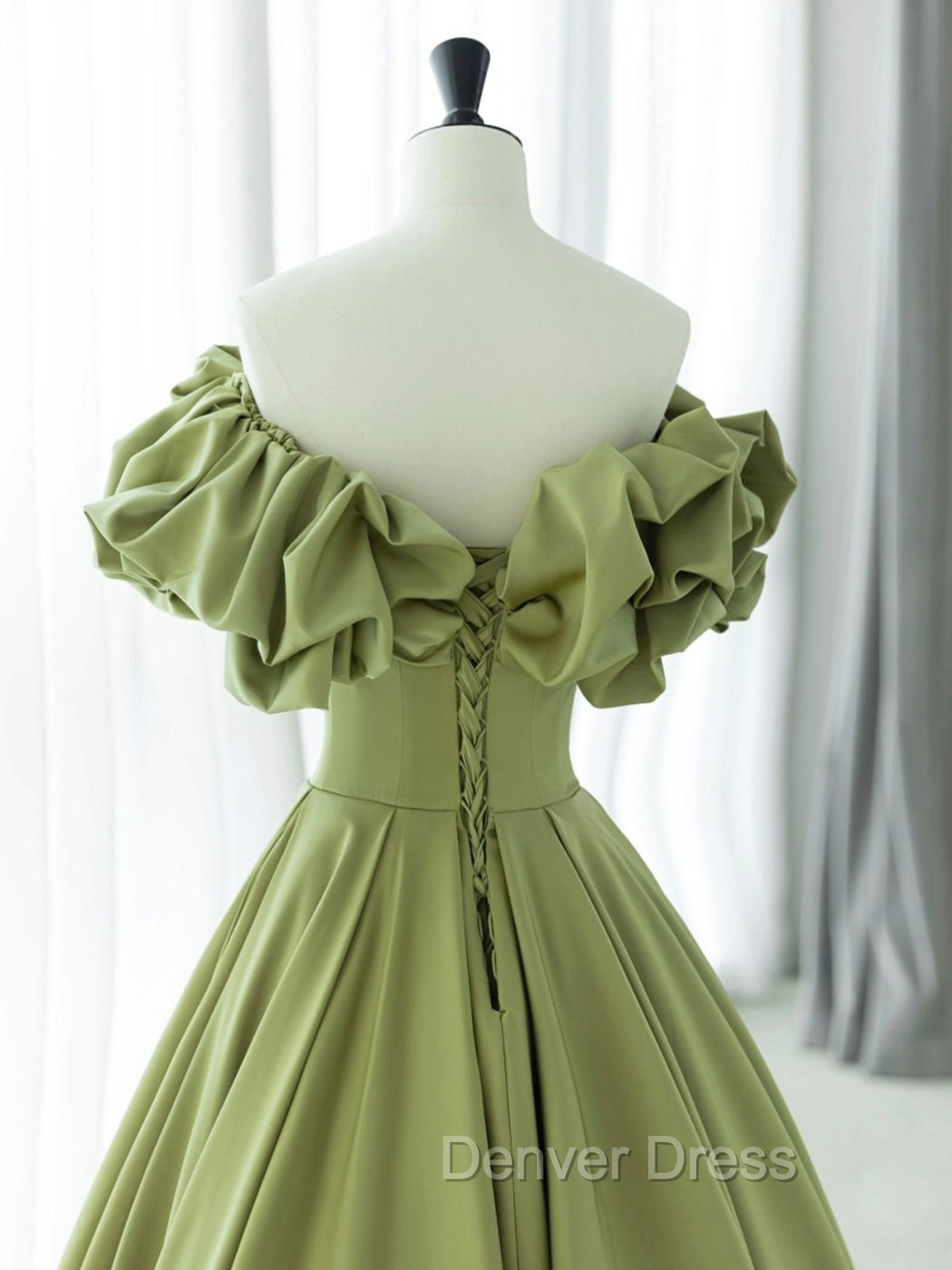 Green A-Line Satin Long Prom Dresses, Green Formal Evening Dresses