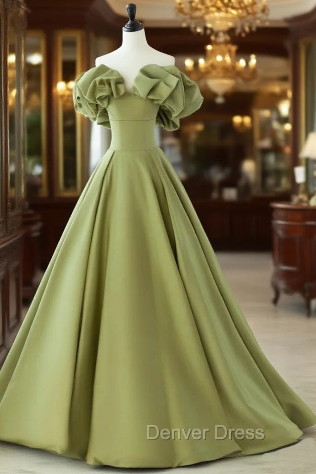 Green A-Line Satin Long Prom Dresses, Green Formal Evening Dresses Main image