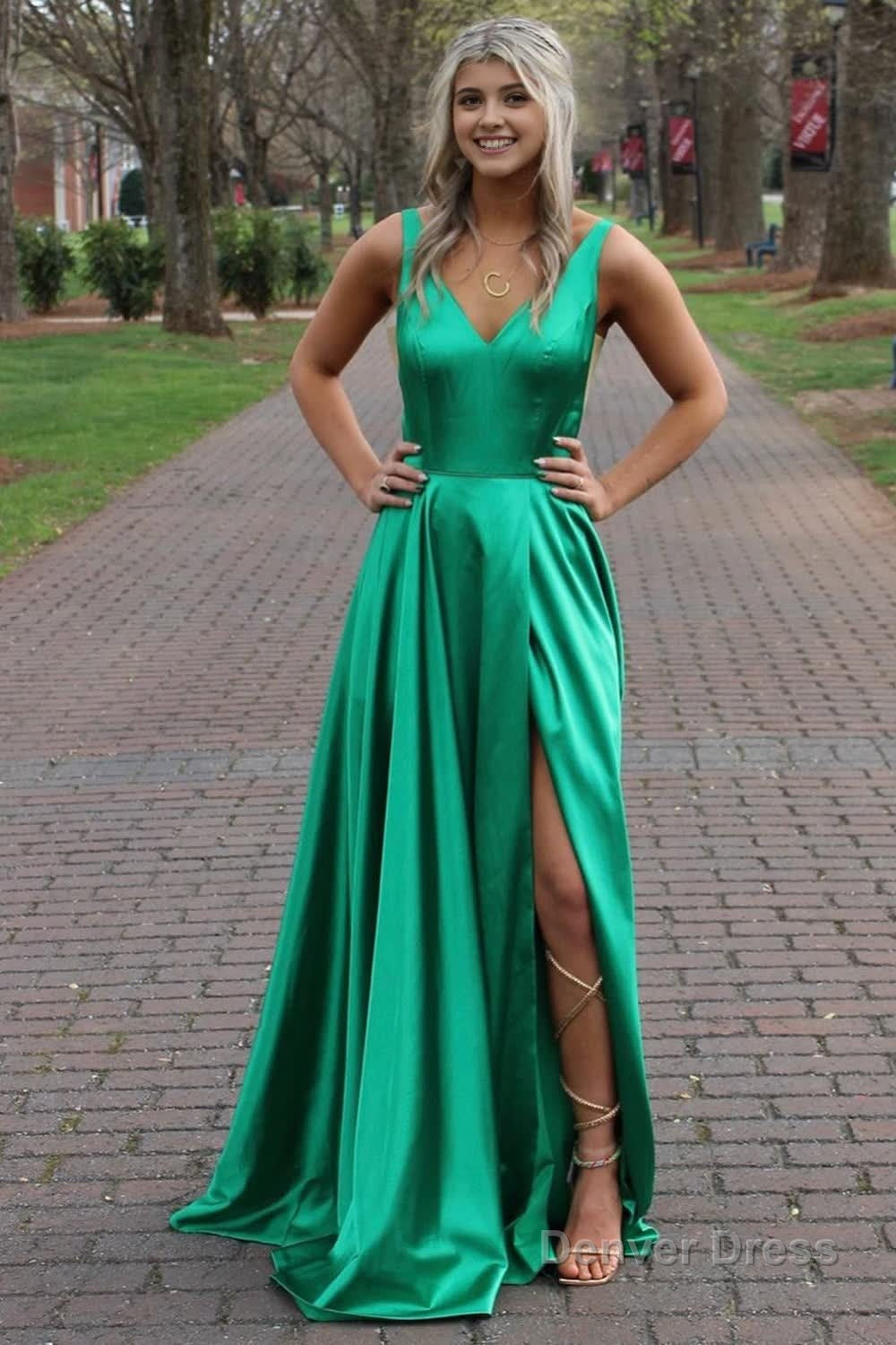 Green A-Line Satin V-Neck Prom Dress with Slit Main image