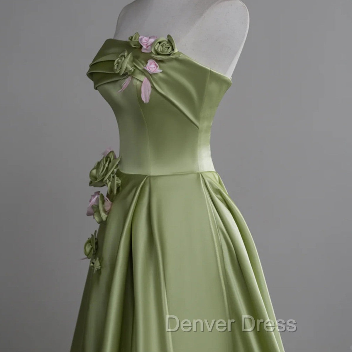 Green A-line Satin with Flowers Long Evening Dresses, Green Satin Prom Dresses Secondary image