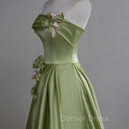 Green A-line Satin with Flowers Long Evening Dresses, Green Satin Prom Dresses