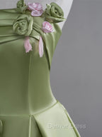 Green A Line Satin with Flowers Long Prom Dress, Green Satin Prom Dresses