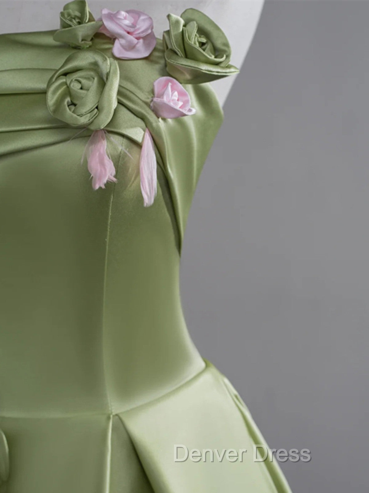 Green A Line Satin with Flowers Long Prom Dress, Green Satin Prom Dresses