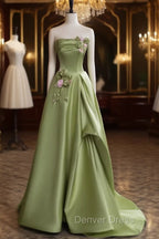 Green A Line Satin with Flowers Long Prom Dress, Green Satin Prom Dresses