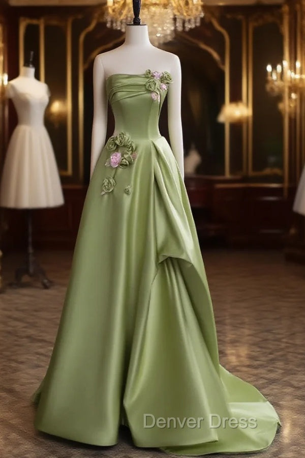 Green A Line Satin with Flowers Long Prom Dress, Green Satin Prom Dresses