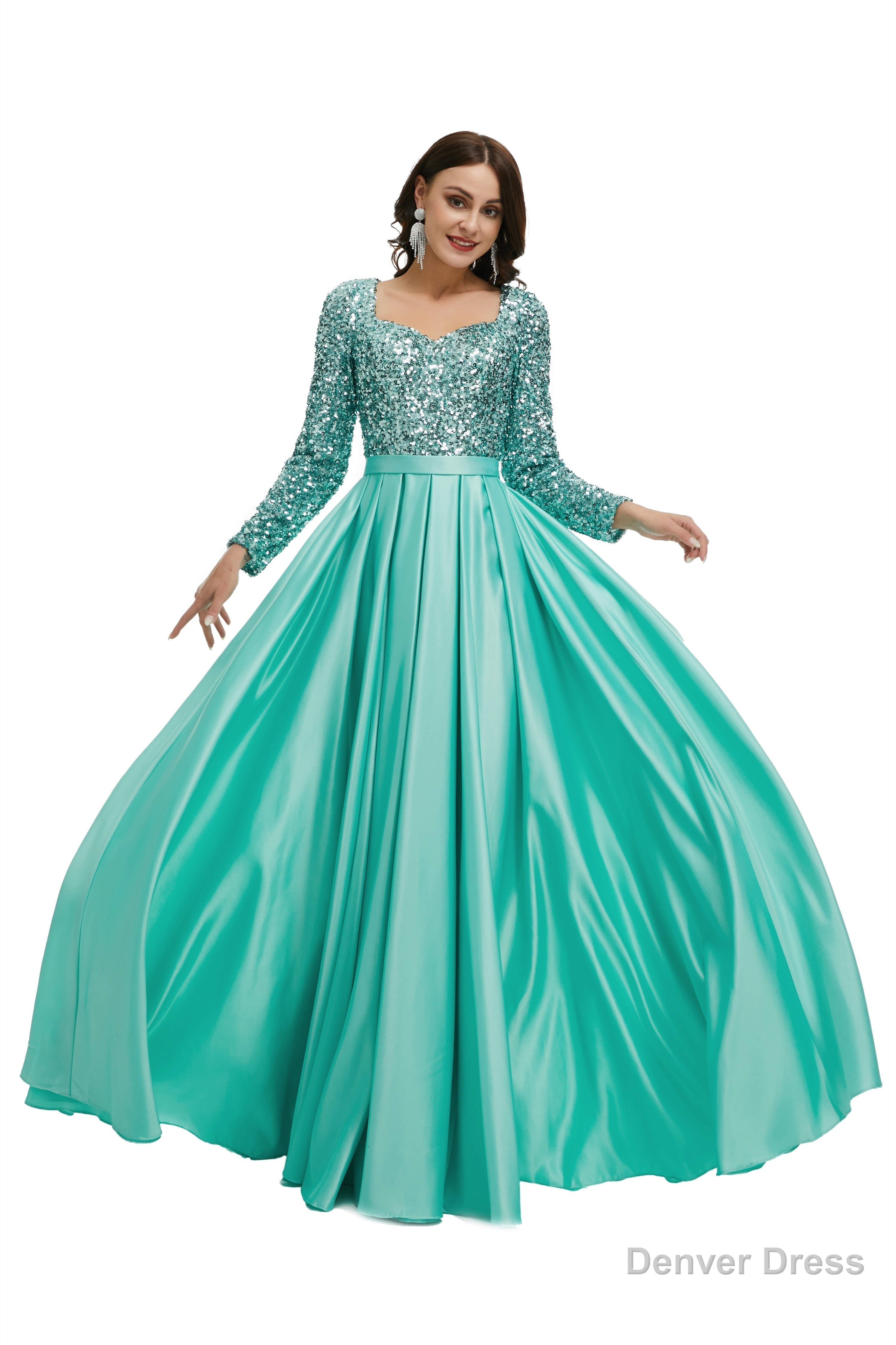 A Line Sequins Sweet Neck Long Sleeve Prom Dresses