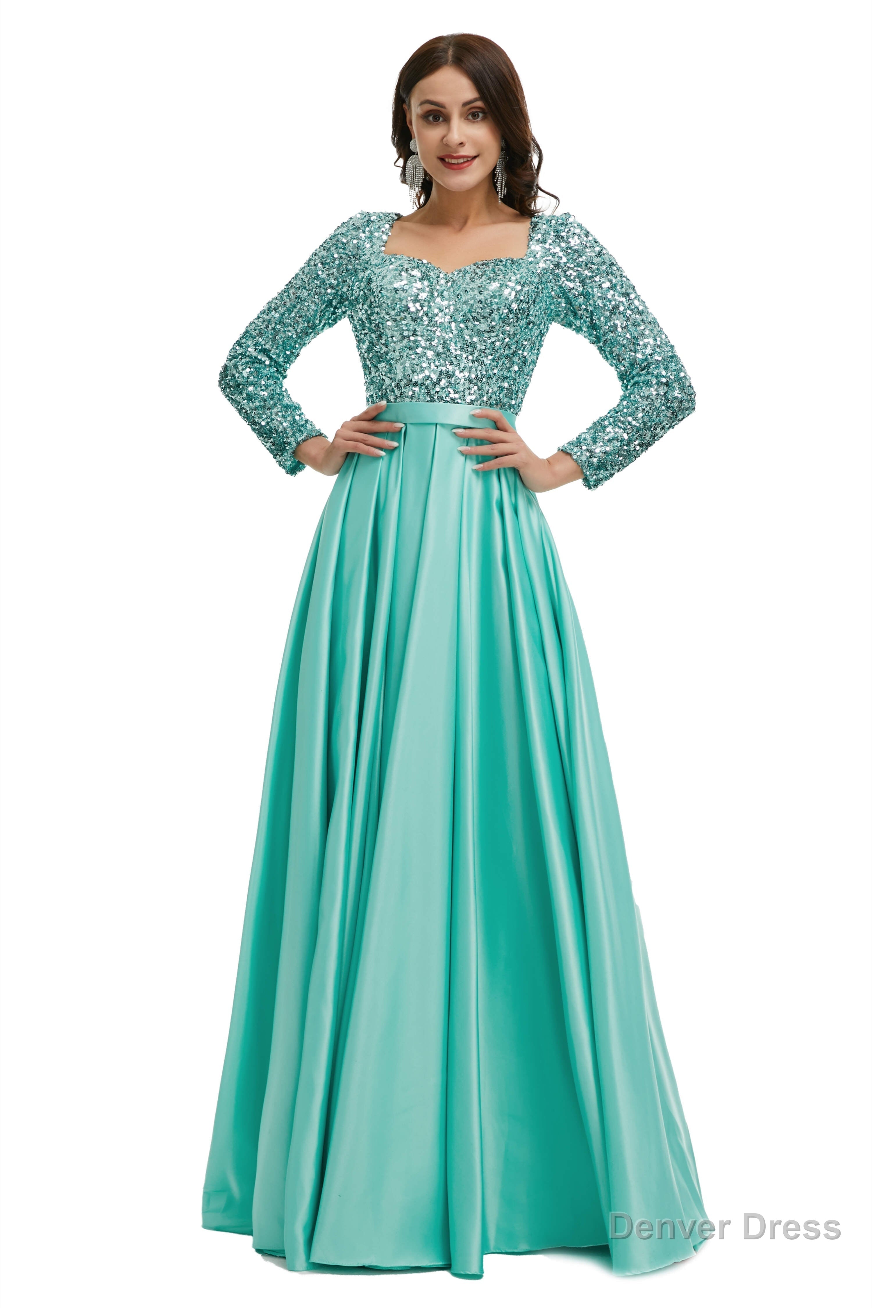 A Line Sequins Sweet Neck Long Sleeve Prom Dresses