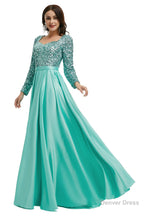 A Line Sequins Sweet Neck Long Sleeve Prom Dresses
