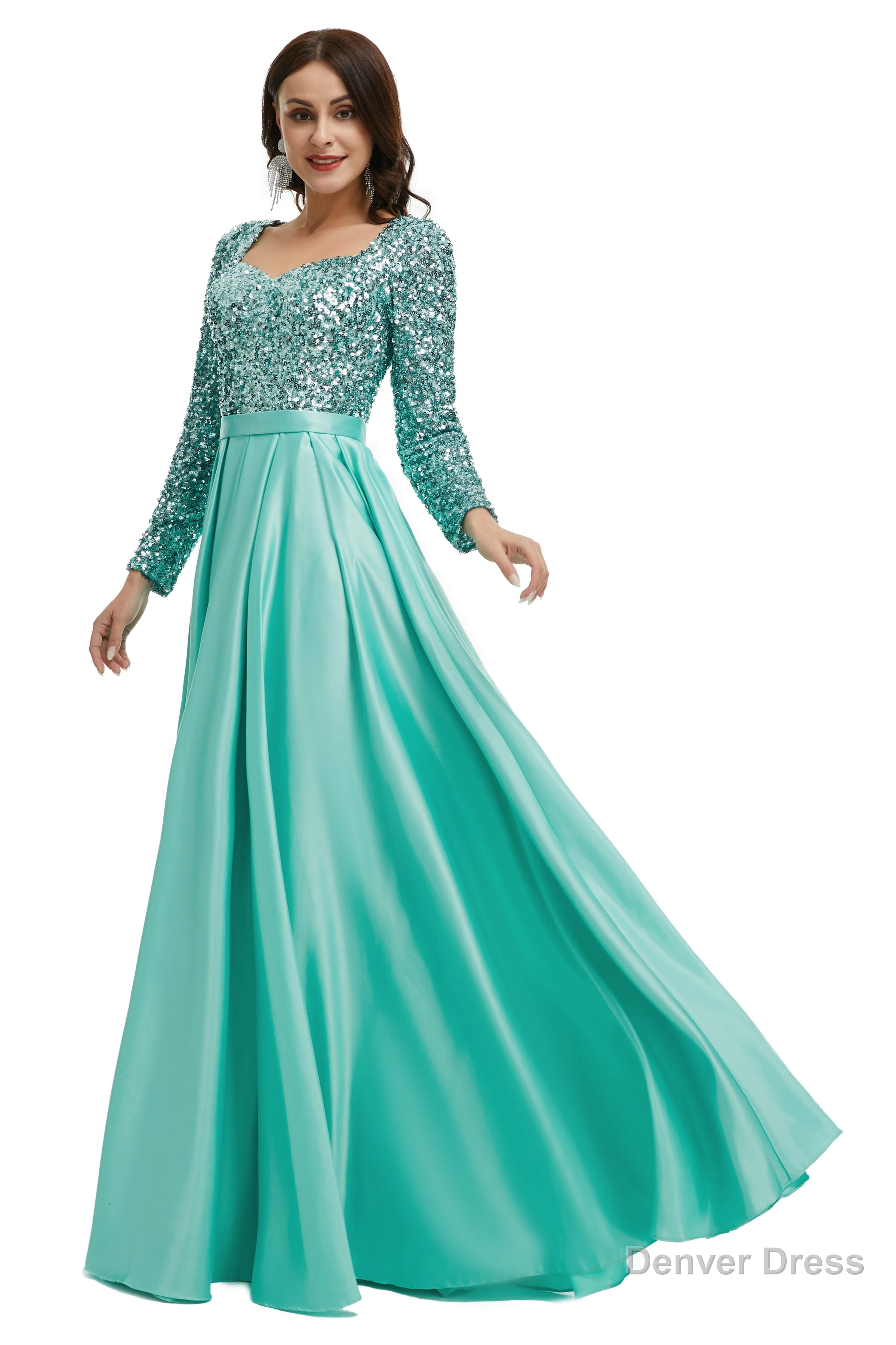 A Line Sequins Sweet Neck Long Sleeve Prom Dresses