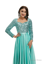 A Line Sequins Sweet Neck Long Sleeve Prom Dresses