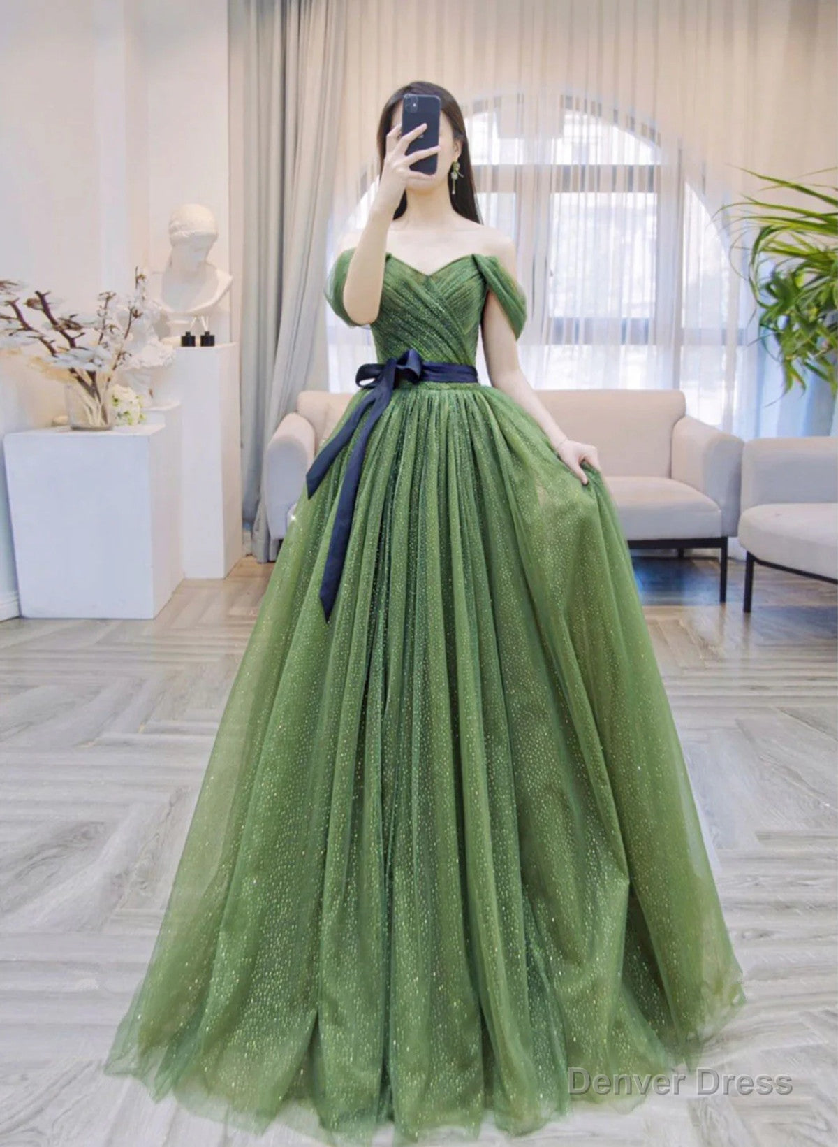 Green A-line Shiny Tulle Off Shoulder Party Dress, Green Tulle Prom Dress Secondary image