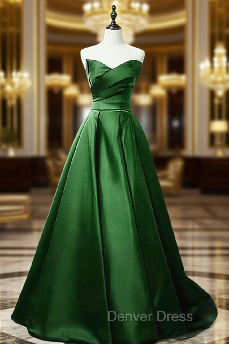 Green A-line Simple Satin Long Party Dresses, Green Satin Prom Dresses Main image