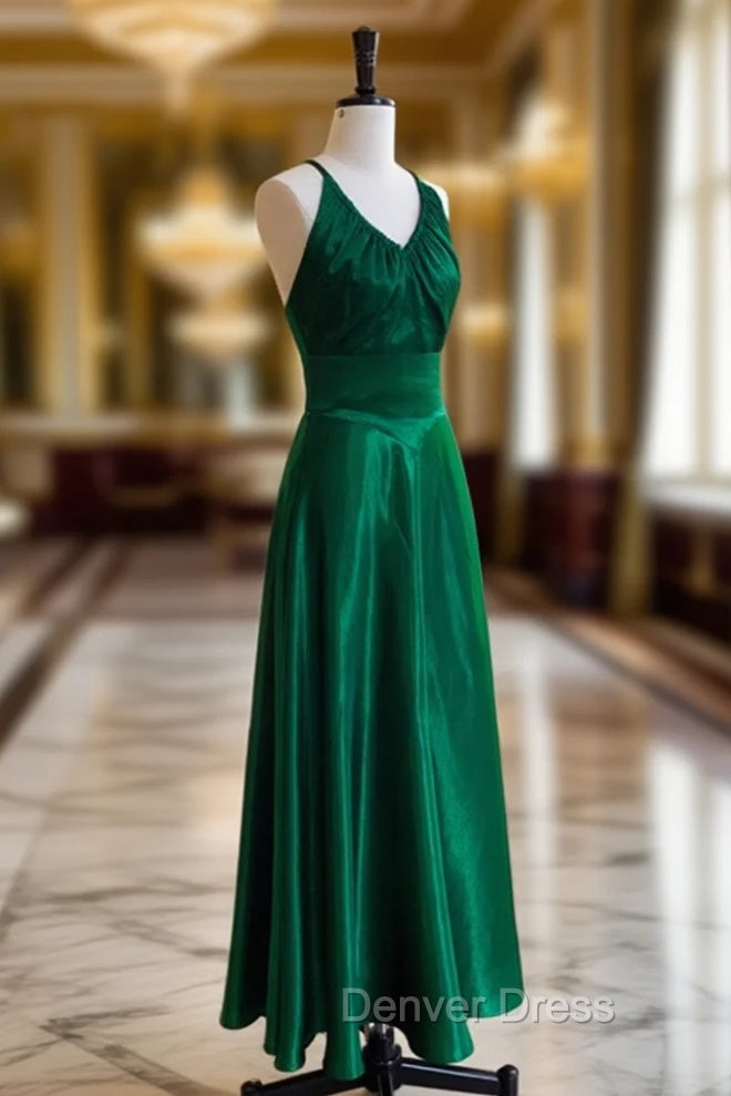 Green A-line Soft Satin Cross Back Evening Dresses, Green Prom Dresses Party Dresses Main image
