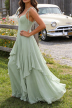 Green A-Line Spaghetti Straps Chiffon Bridesmaid Dresses with Ruffles