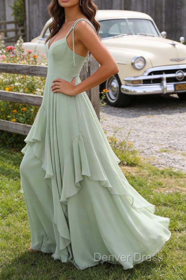 Green A-Line Spaghetti Straps Chiffon Bridesmaid Dresses with Ruffles
