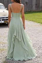 Green A-Line Spaghetti Straps Chiffon Bridesmaid Dresses with Ruffles