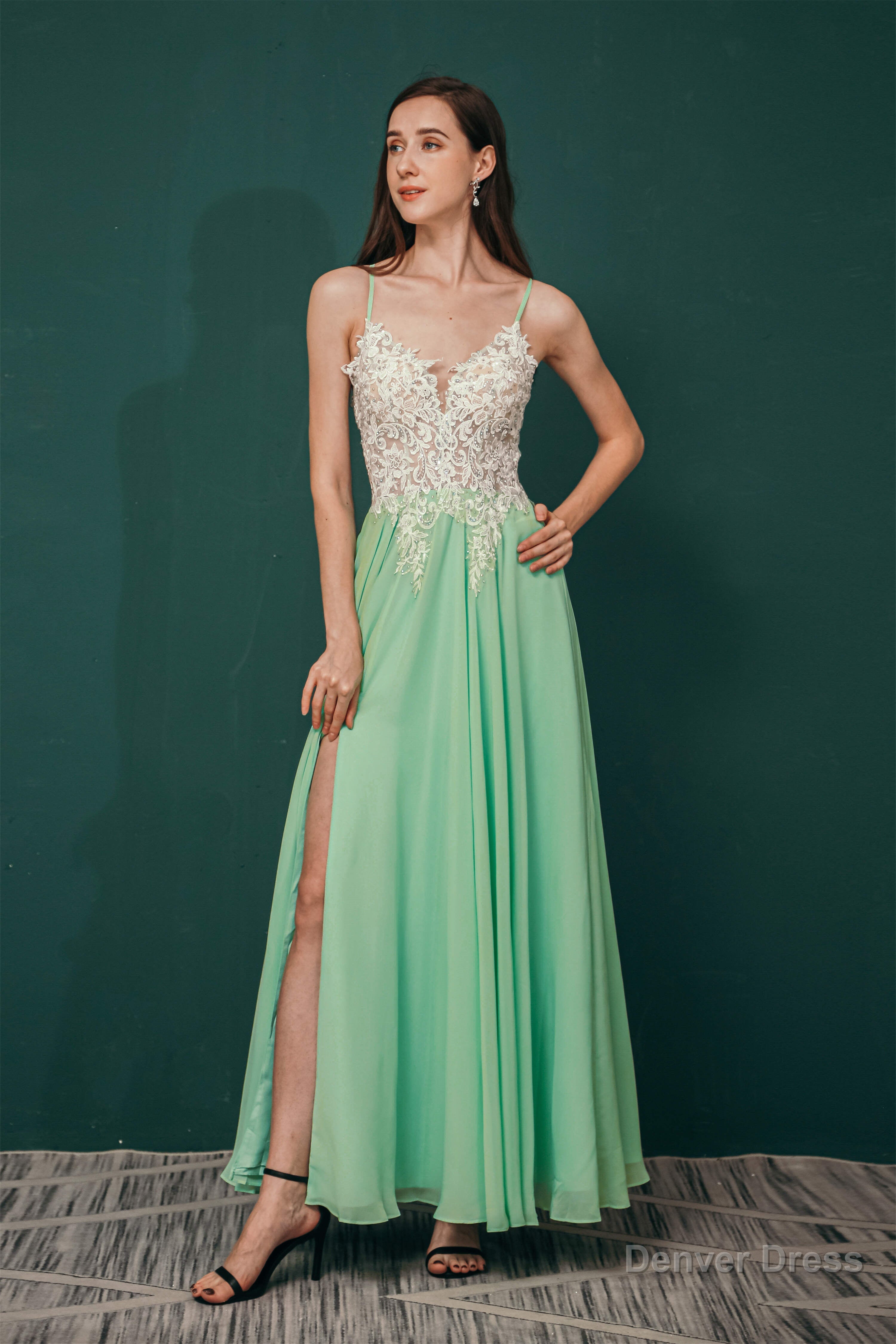 A Line Spaghetti Straps Side Split Long Prom Dresses
