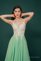 A Line Spaghetti Straps Side Split Long Prom Dresses
