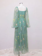 Green A-Line Sweetheart Green Tulle Lace Long Prom Dresses, Green Formal Dresses