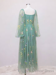 Green A-Line Sweetheart Green Tulle Lace Long Prom Dress, Green Formal Dress