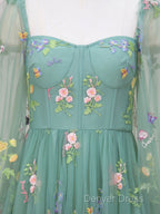 Green A-Line Sweetheart Green Tulle Lace Long Prom Dresses, Green Formal Dresses