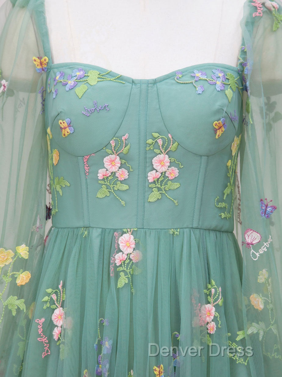 Green A-Line Sweetheart Green Tulle Lace Long Prom Dresses, Green Formal Dresses