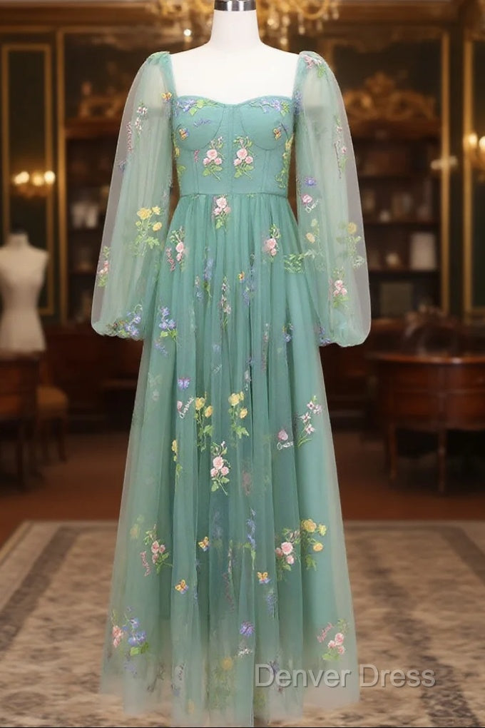 Green A-Line Sweetheart Green Tulle Lace Long Prom Dresses, Green Formal Dresses Main image