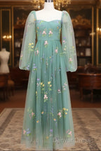 Green A-Line Sweetheart Green Tulle Lace Long Prom Dresses, Green Formal Dresses