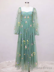 Green A-Line Sweetheart Green Tulle Lace Long Prom Dress, Green Formal Dress