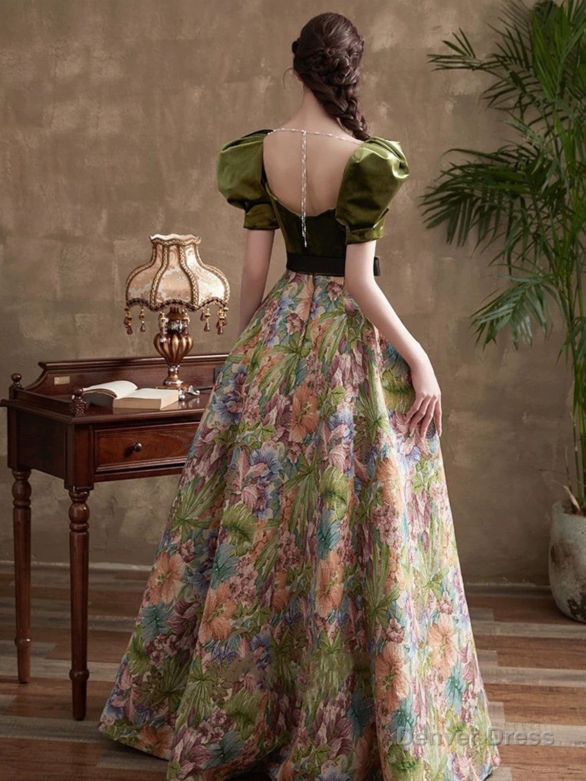 Green A Line Sweetheart Long Prom Dress Prom Dress, Green Floral Prom Dresses