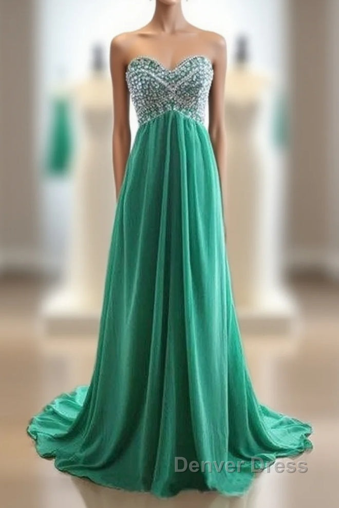Green A-Line Sweetheart Neck Chiffon Long Prom Dresses, Evening Dresses Main image