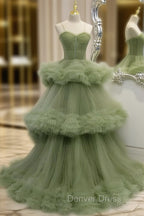 Green A-line Sweetheat Pleated Tulle Prom Dresses