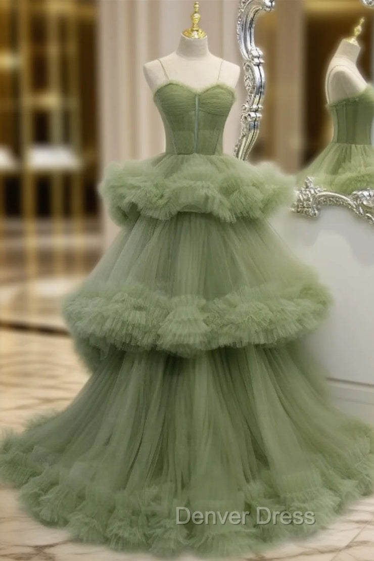 Green A-line Sweetheat Pleated Tulle Prom Dresses