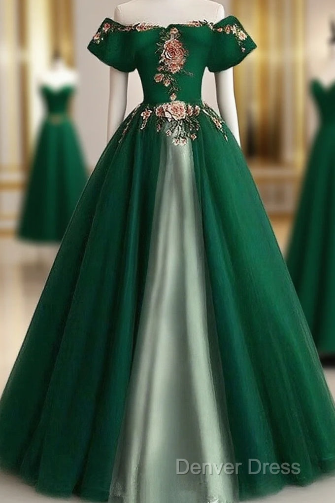 Green A-Line Tulle And Satin Long Prom Dress, Green Prom Dress