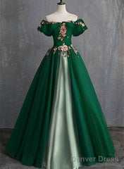 Green A-Line Tulle And Satin Long Formal Dress, Green Party Dress Prom Dress