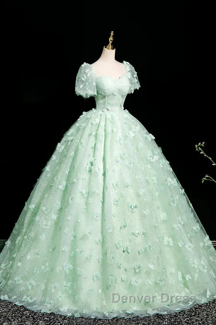 Green A-Line Tulle Beaded Sequin Long Prom Dresses, Beautiful 3D Butterfly Evening Dresses Secondary image
