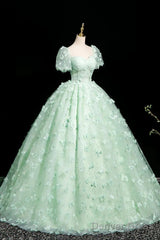 Green A-Line Tulle Beaded Sequin Long Prom Dress, Beautiful 3D Butterfly Evening Dress