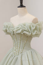 Green A Line Tulle Long Prom Dress with Beaded, Off the Shoulder Prom Dresses
