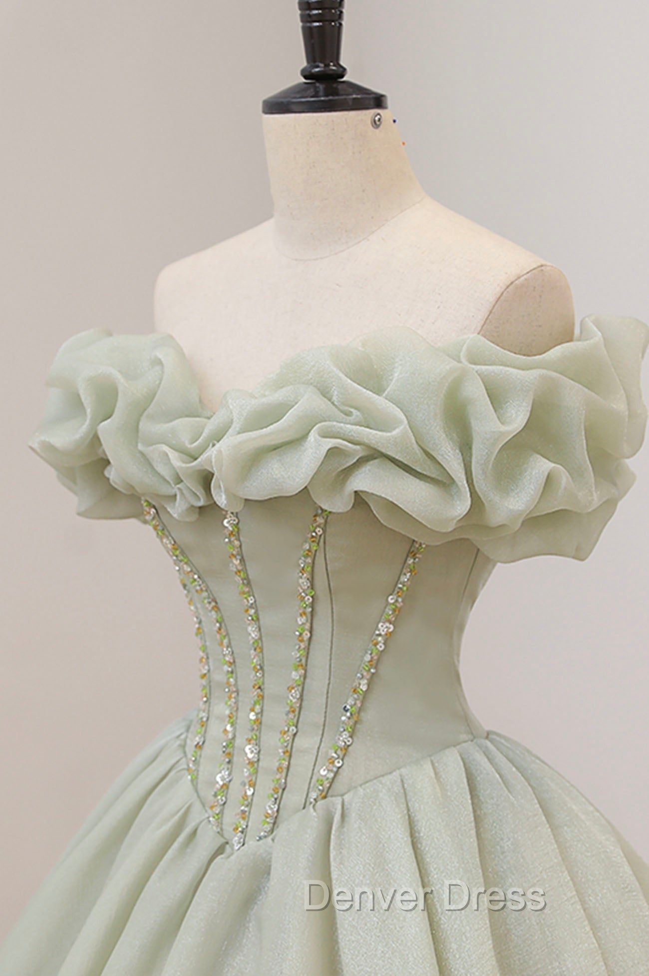 Green A Line Tulle Long Prom Dress with Beaded, Off the Shoulder Prom Dresses