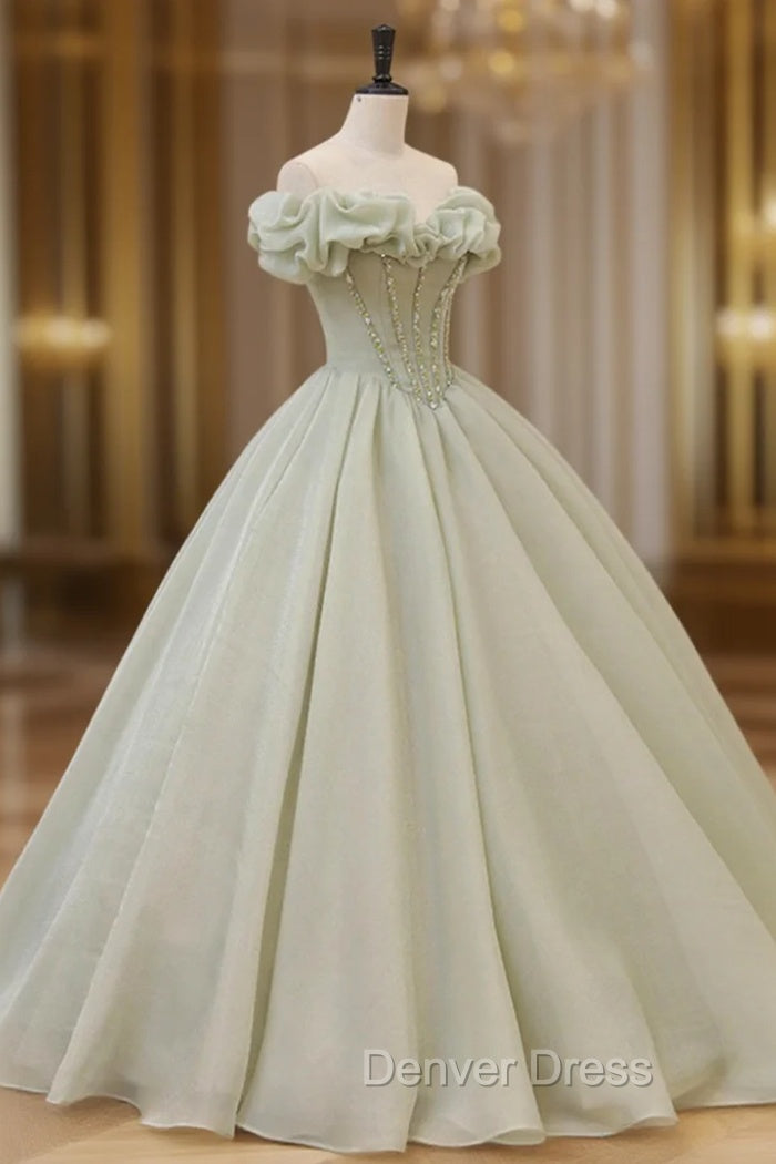 Green A-Line Tulle Long Prom Dresses with Beaded, Off the Shoulder Evening Dresses Main image