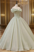 Green A-Line Tulle Long Prom Dresses with Beaded, Off the Shoulder Evening Dresses