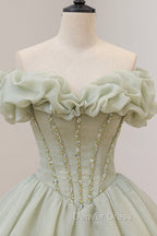 Green A Line Tulle Long Prom Dress with Beaded, Off the Shoulder Prom Dresses