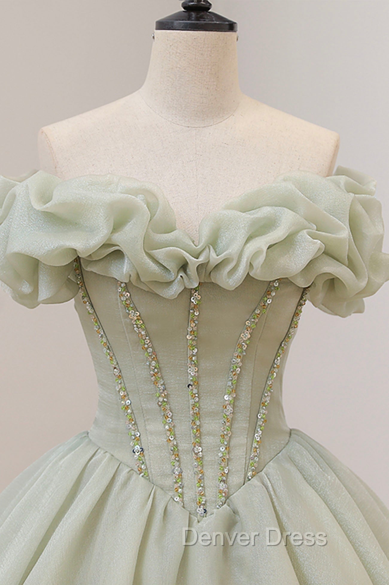 Green A Line Tulle Long Prom Dress with Beaded, Off the Shoulder Prom Dresses