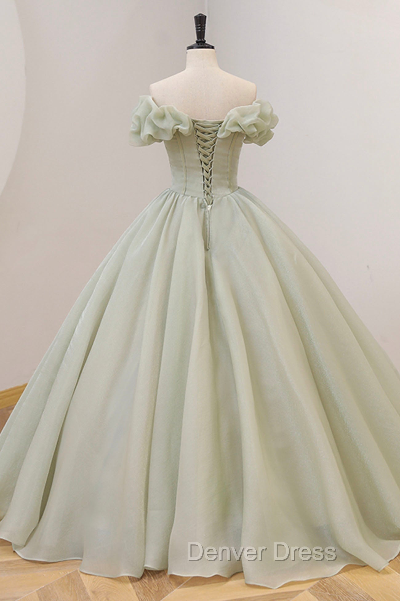 Green A Line Tulle Long Prom Dress with Beaded, Off the Shoulder Prom Dresses